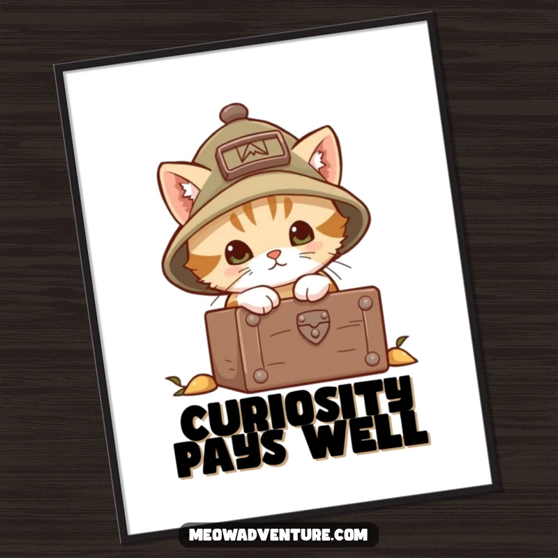 Funny explorer kitten poster showing a brave cat in a tiny hat, intently peering into an open treasure chest. A whimsical artwork.