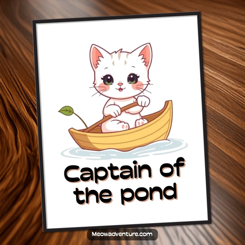 Funny poster depicting a kitten bravely rowing a leaf boat, capturing the spirit of adventure and exploration, a lovely art piece.