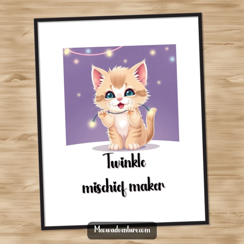 Funny art print of a mischievous kitten batting playfully at a string of twinkling, glowing fairy lights.