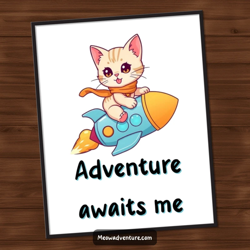 Funny Kitten Rocket Poster: A brave kitten voyages on a toy rocket, creating a whimsical and comical visual for any wall.