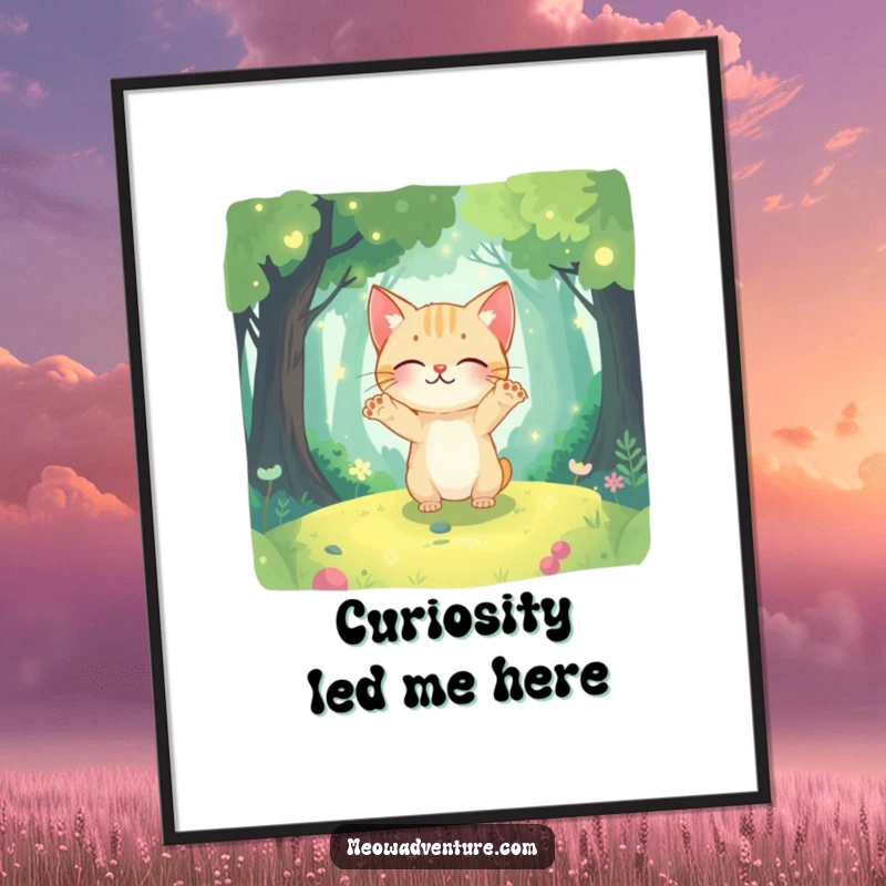 Funny art print of a curious cat with paws outstretched, exploring a mystical, glowing forest with enchanting light.