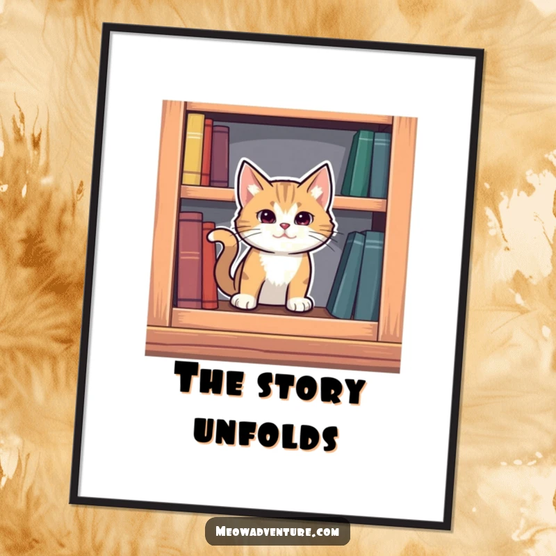 Funny mysterious cat emerging from a secret compartment in a bookshelf, presented as charming wall art.