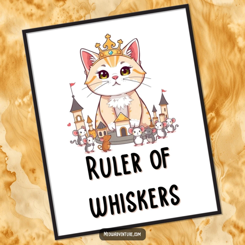 Funny poster of a regal cat surveying its miniature kingdom of toy mice, bringing majestic charm and humor to any space.