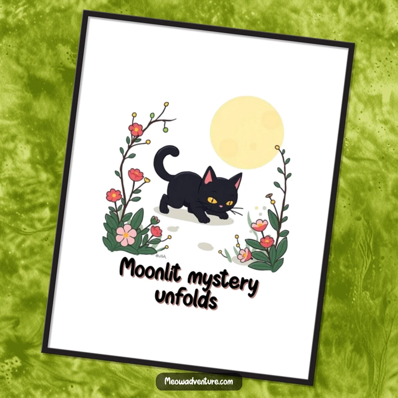 Funny Stealthy Black Cat Garden Poster showing a black cat moving stealthily through a garden illuminated by moonlight. A piece of humorous, atmospheric art.