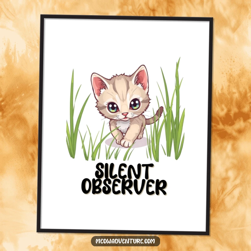Funny poster showcasing a stealthy kitten with wide, alert eyes, tiptoeing through tall grass, conveying mystery.