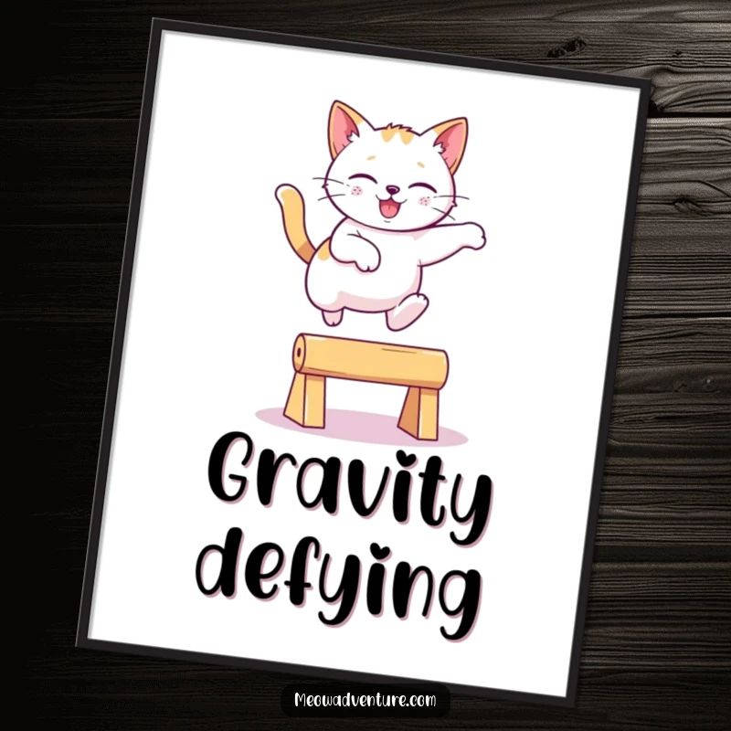 Funny playful cat leaping gracefully over an imaginary obstacle on a poster, a dynamic and funny gift.