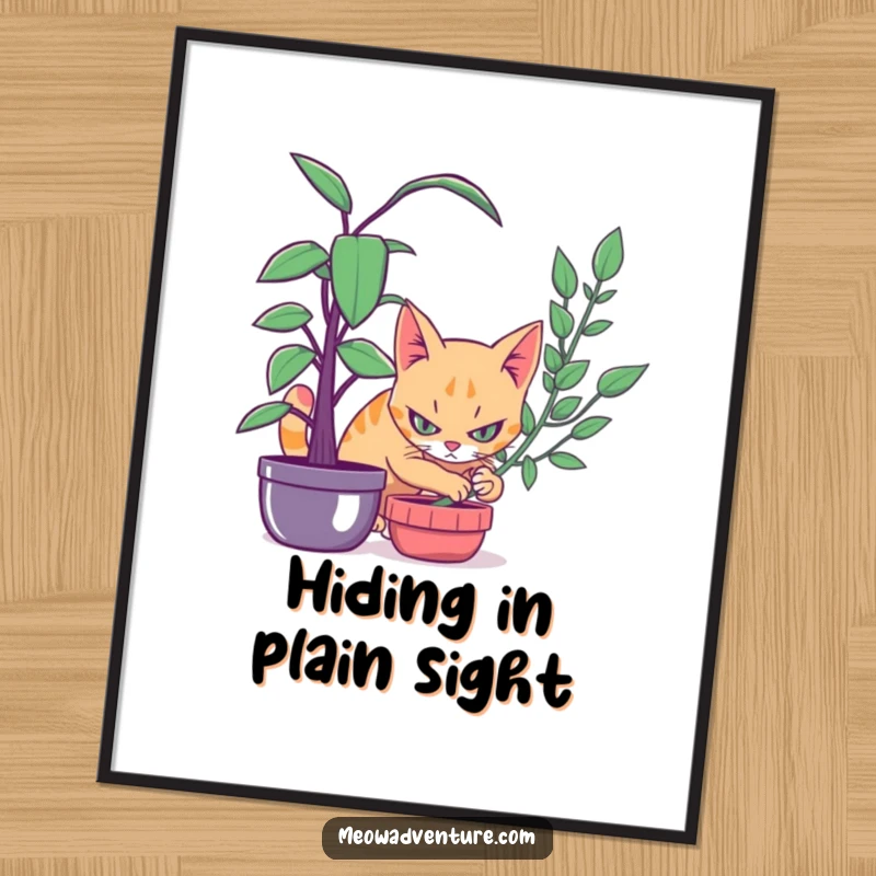 Funny poster print of a stealthy cat with intense focus, hidden behind a vibrant houseplant, capturing a moment of suspense.