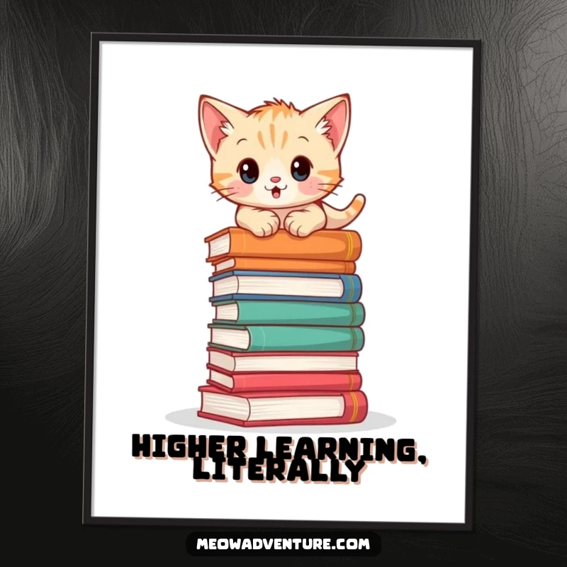 Adventurous kitten poster featuring a cat precariously climbing a stack of books, symbolizing intellectual pursuit and daring.