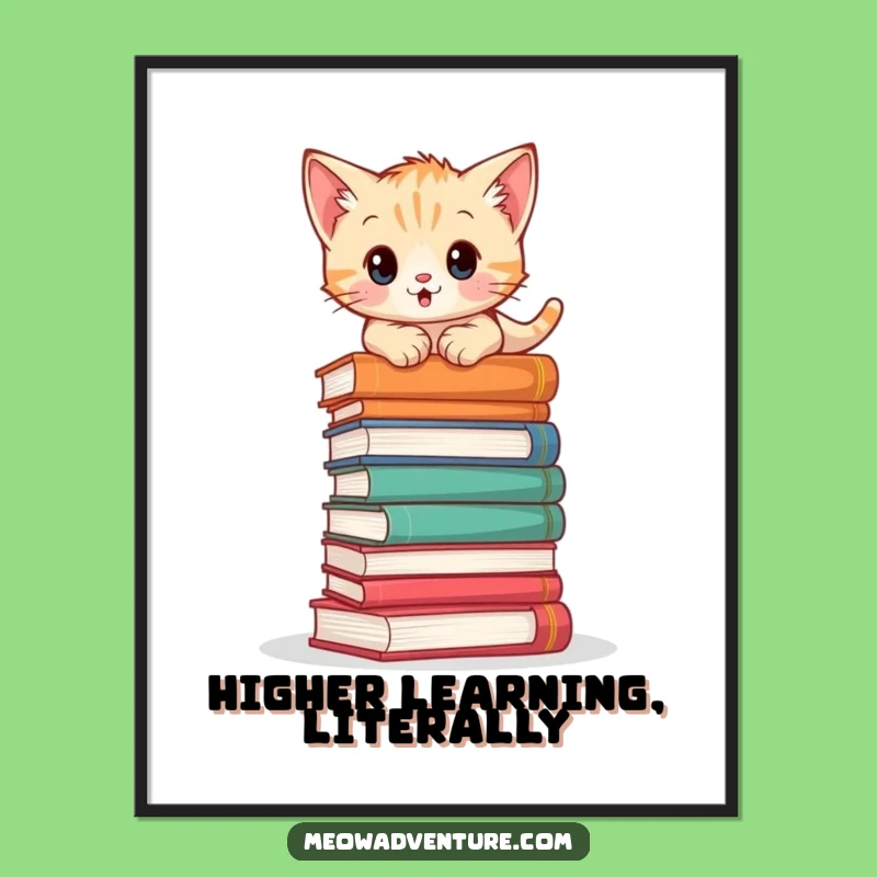 Adventurous Kitten Book Climb Poster: Whimsical Art for Book Lovers