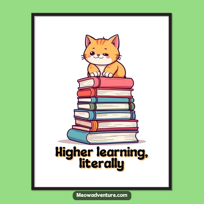 Funny Cat Climbing Books Poster - Motivational Literary Art Print, Hilarious Gift Decor
