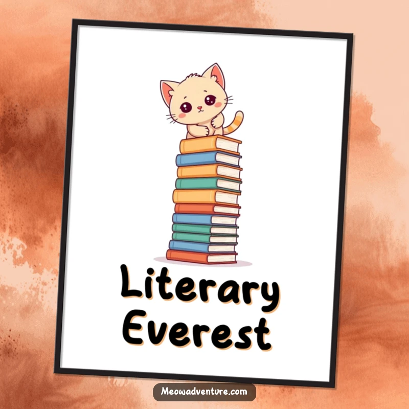 Funny kitten scaling a huge stack of books, depicted as a humorous poster print for wall decor.