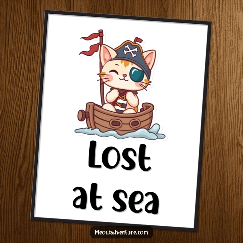 Funny cat pirate sailing a miniature ship, depicted as a humorous poster print for wall decoration.