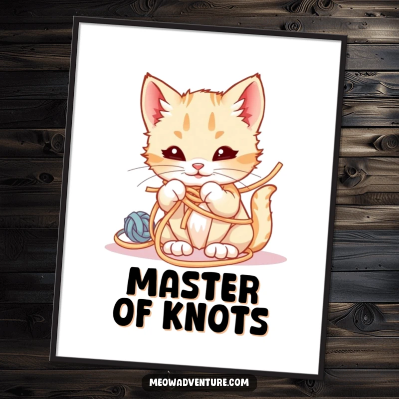 Funny Poster of a smirking kitten hilariously tangled in a messy ball of yarn, embodying playful chaos.