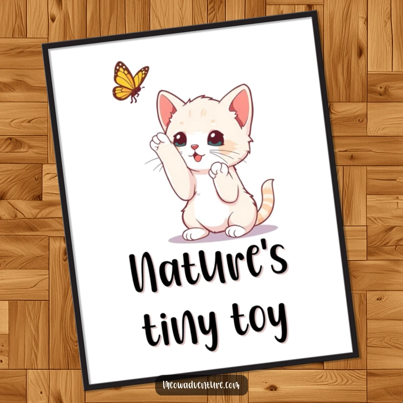 Funny curious kitten with paws up, playfully reaching for a butterfly, on a poster, creating a lively scene.