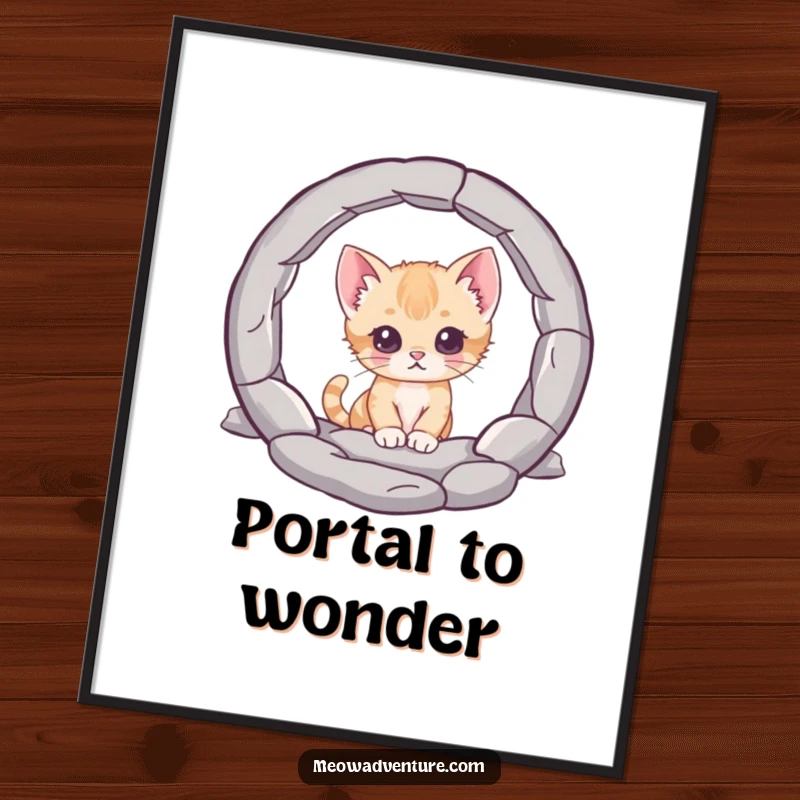 Funny poster, a curious kitten character peering into a mysterious portal, adding wonder and a sense of exciting discovery to wall art.