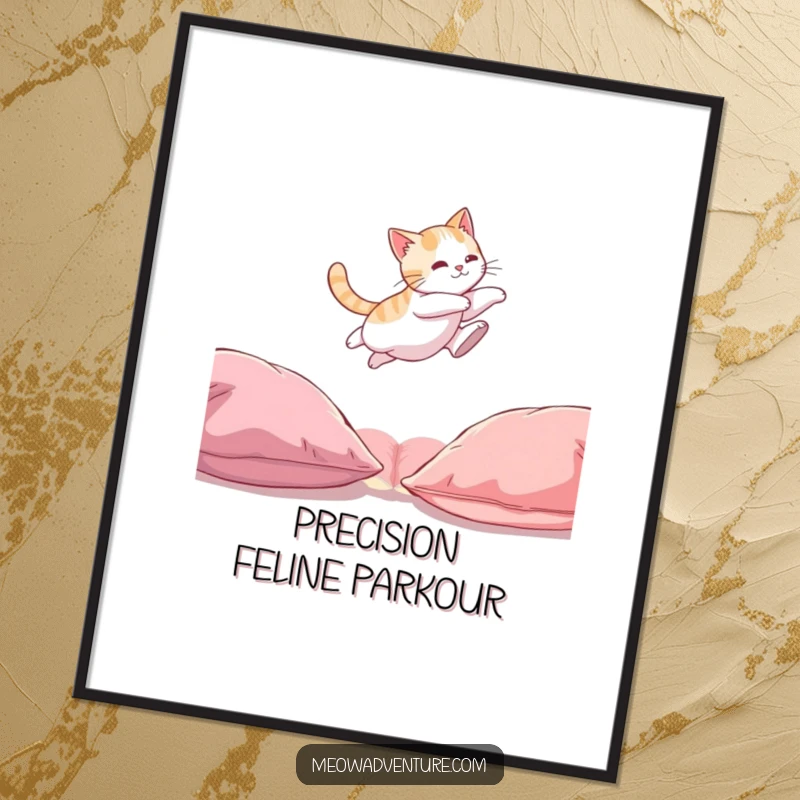 Funny Cat Poster: A humorous print of a cat suspended mid-air, leaping expertly between two cushions.