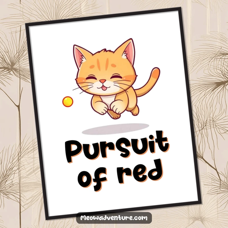 Funny Laser Cat Poster illustrating a ginger cat leaping energetically after a bright red laser dot, full of playful action.