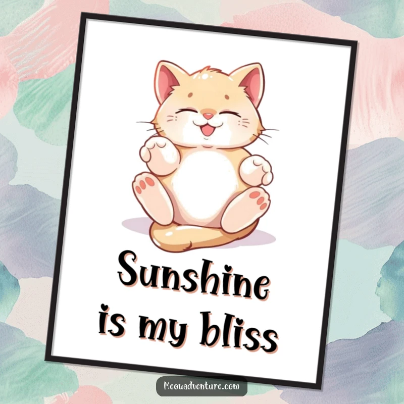 Funny Poster capturing a kitten’s blissful abandon as it rolls in a golden sunbeam, embodying pure happiness.