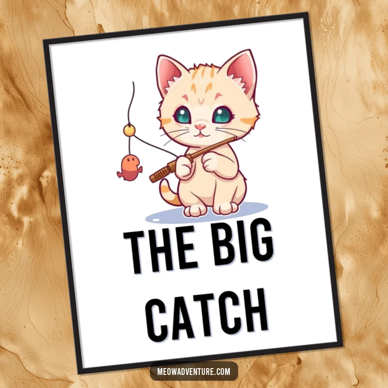 Funny cat poster: a curious kitten holding a miniature fishing rod, attempting to catch a dangling toy mouse, looking focused.