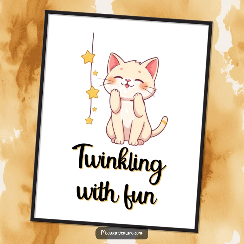 Funny poster featuring a playful cat batting at a dangling string of stars, embodying imagination and a desire to achieve the impossible.