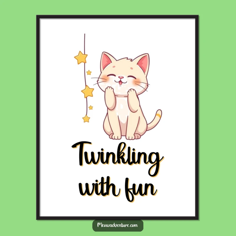 Funny Playful Cat Star String Poster: Whimsical Wall Art for Dreamers