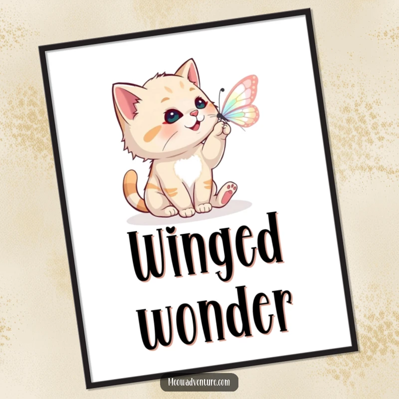 Funny poster of a playful cat batting at a shimmering, magical butterfly, creating whimsical wall art.