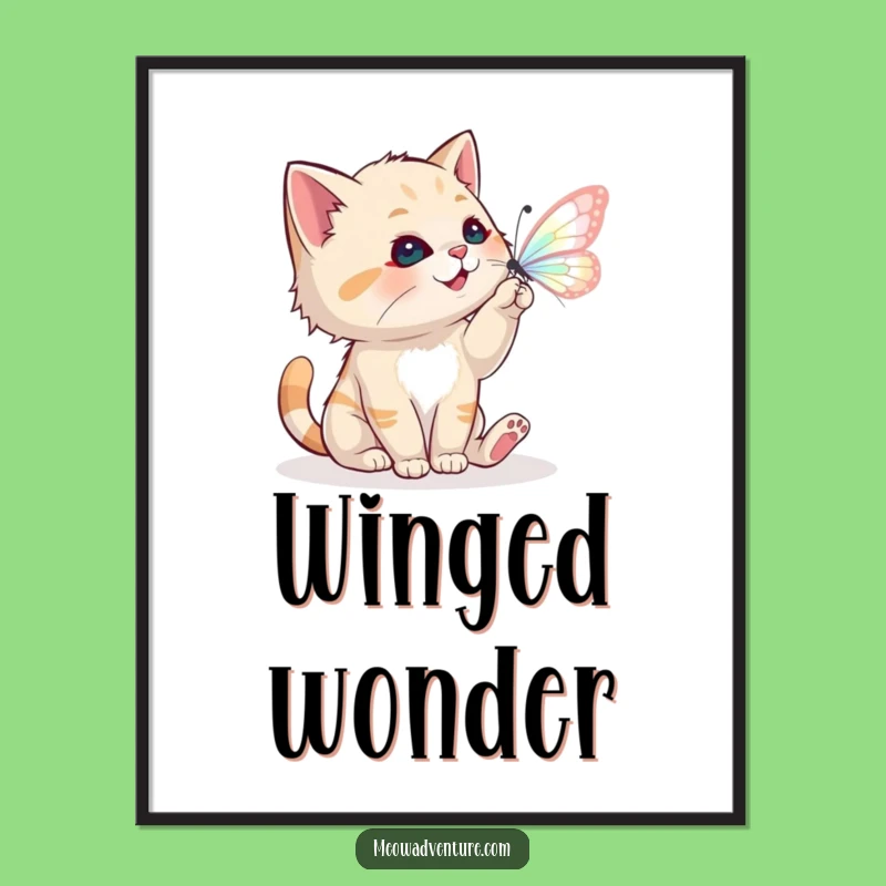 Funny Cat Poster - Magical Butterfly Chase - Whimsical Wall Art