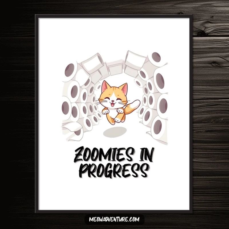 Funny swift cat dashing through a tunnel of toilet paper rolls, presented as charming wall art.