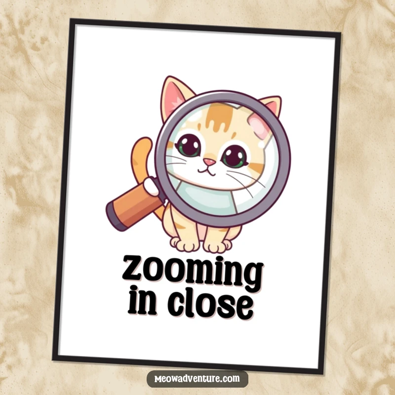 Funny poster featuring a cat with wide, curious eyes looking through a massive magnifying glass, highlighting its investigative nature.