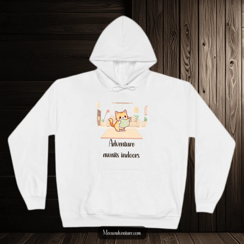 Funny hoodie showing a determined cat with a map, plotting a course across a living room floor, ideal for planning.