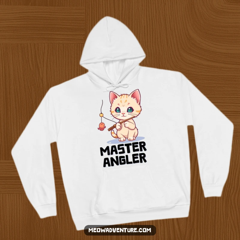 Funny cat hoodie: a curious kitten holding a fishing rod, focused on catching a dangling toy mouse, looking adorable.