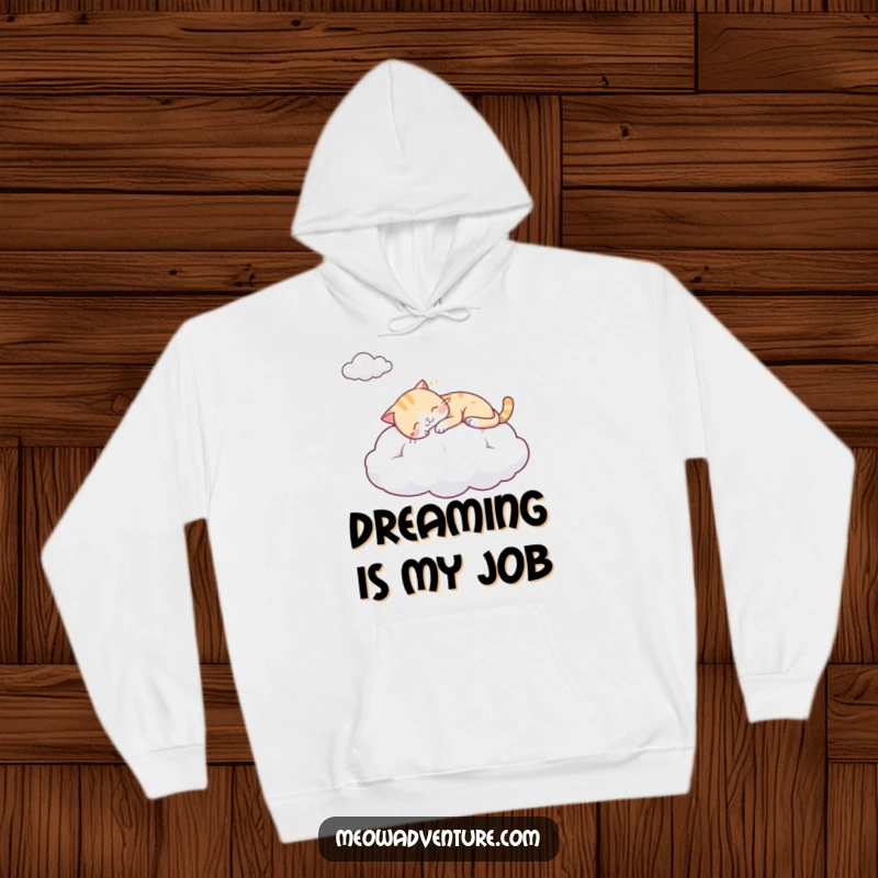 Funny hoodie showcasing a deeply sleeping cat resting peacefully on a plush cloud, perfect for cozy lounging.
