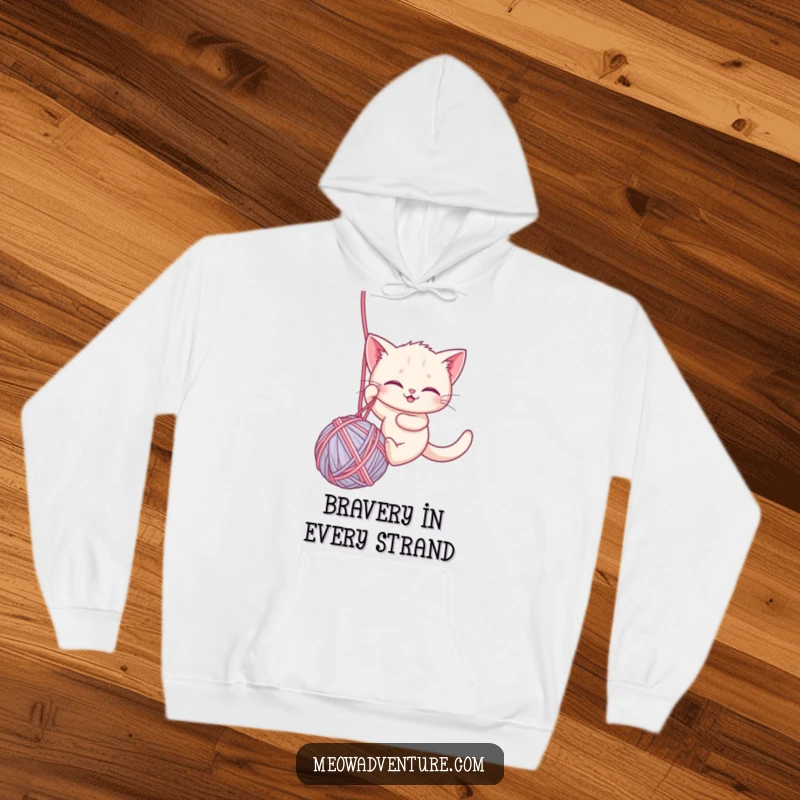 Funny hoodie depicting a brave kitten rappelling down a giant ball of yarn, offering warmth and a humorous, adventurous vibe.