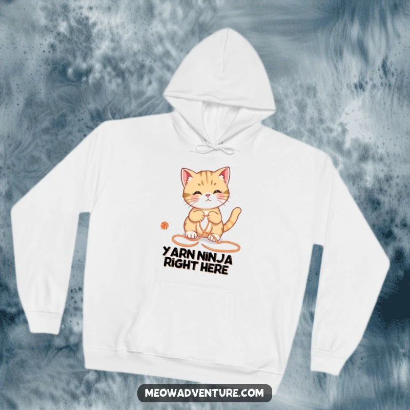 Funny cat hoodie, cozy feline solving a yarn maze, warm and humorous design, ideal funny gift for puzzle solvers.
