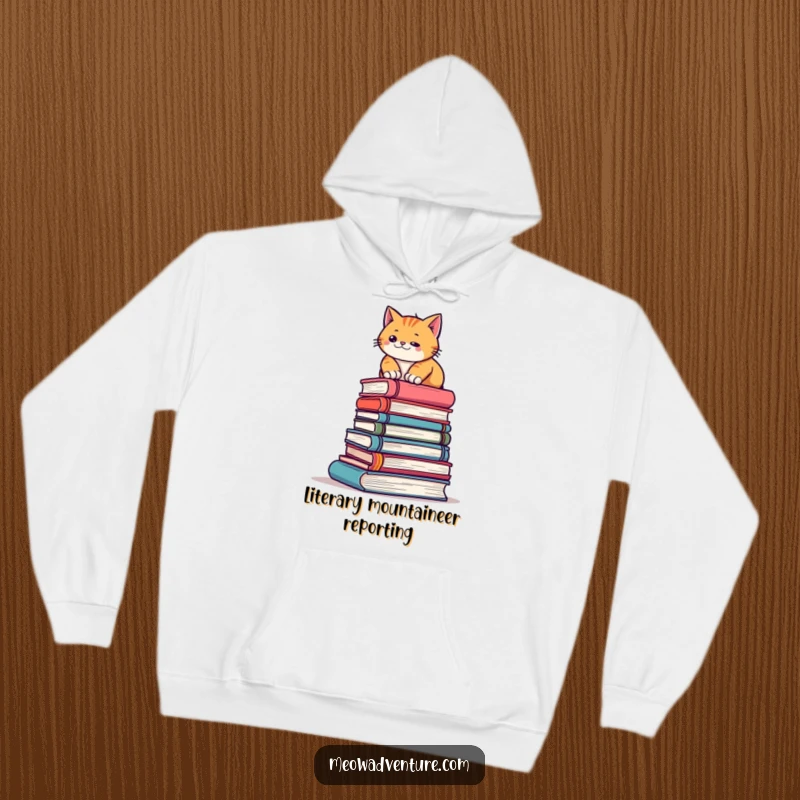 Funny hoodie depicting a focused cat making its way up a steep stack of books, a symbol of achievement and literary exploration.