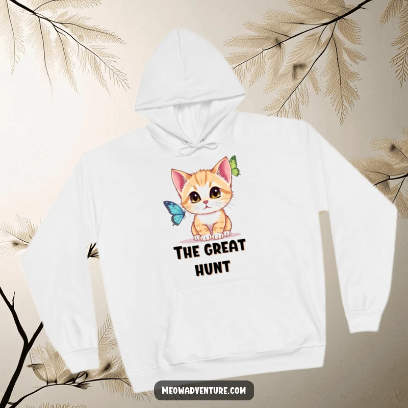 Funny Hoodie print of a kitten with wide, focused eyes, intently observing a butterfly fluttering nearby.
