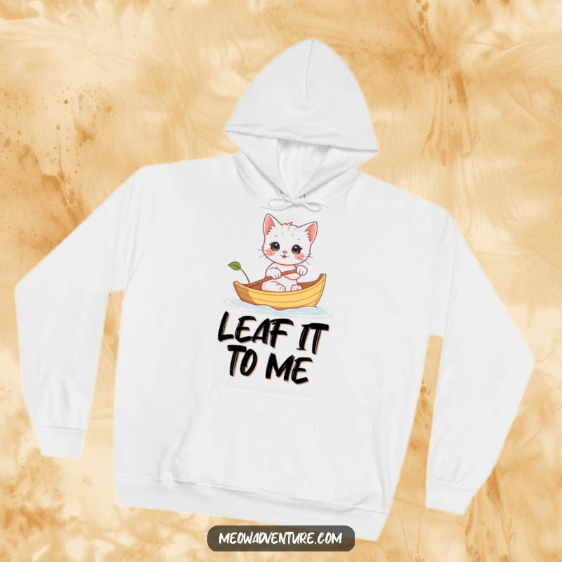 Funny hoodie featuring a kitten rowing a tiny leaf boat, ready for any water adventure, a warm and humorous gift.