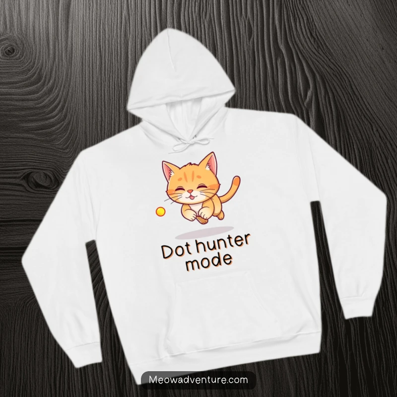 Funny Laser Cat Hoodie with a ginger cat chasing a laser dot, offering cozy warmth and a hilarious feline pursuit.