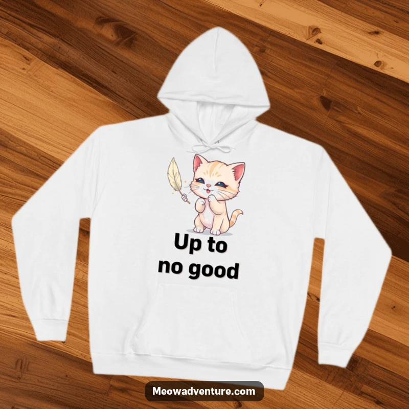 Funny hoodie showcasing a mischievous kitten batting playfully at a floating feather, providing warmth and a comical, lighthearted vibe.