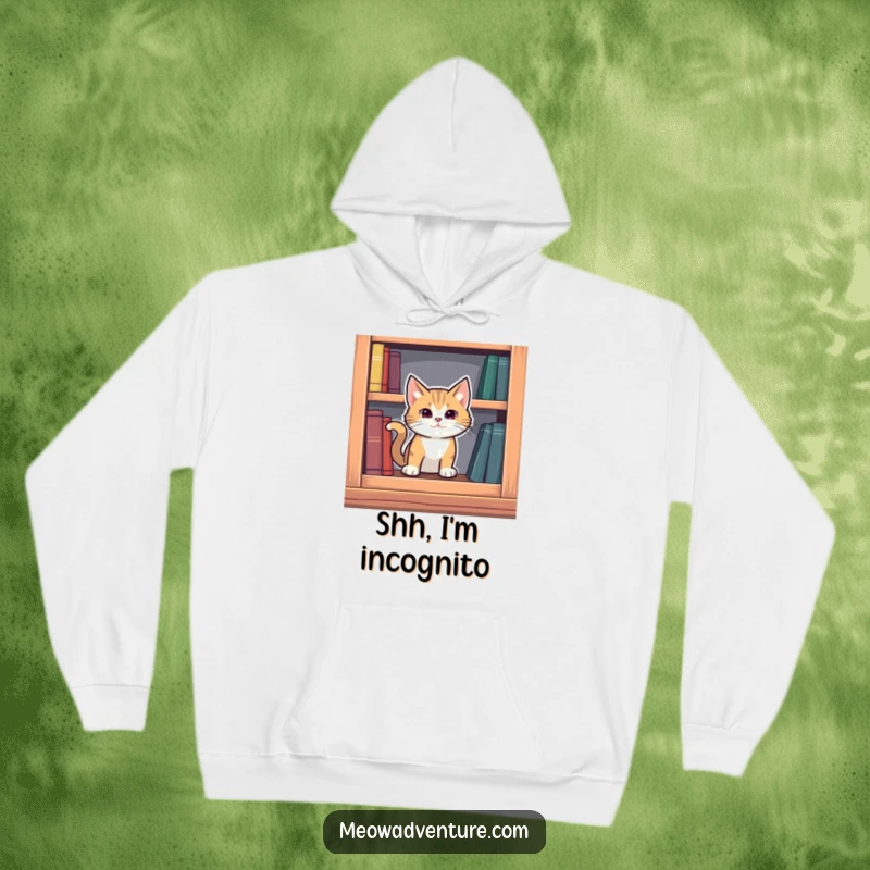 Funny mysterious cat emerging from a secret compartment in a bookshelf, featured on a soft and humorous hoodie.