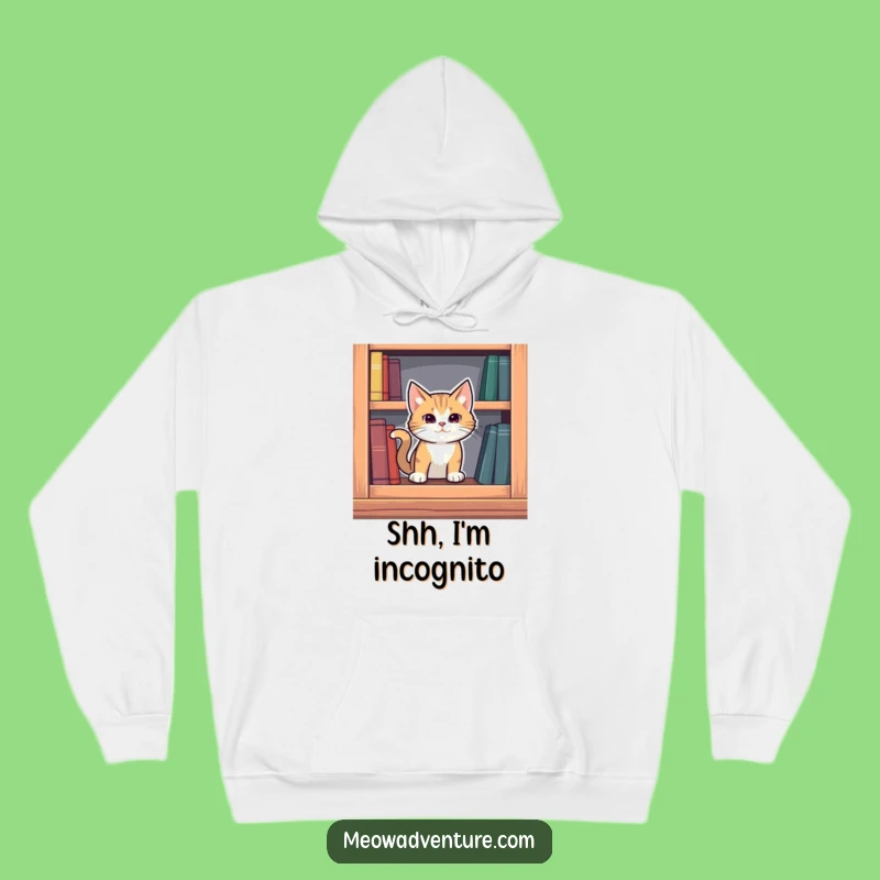 Funny Mysterious Cat Hoodie: Bookshelf Secret - Cozy & Intriguing!