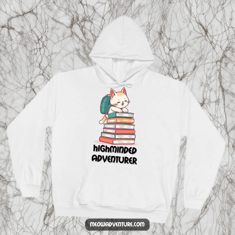 Funny cat wearing a backpack, scaling a mountain of books, featured on a warm and comfortable hoodie.