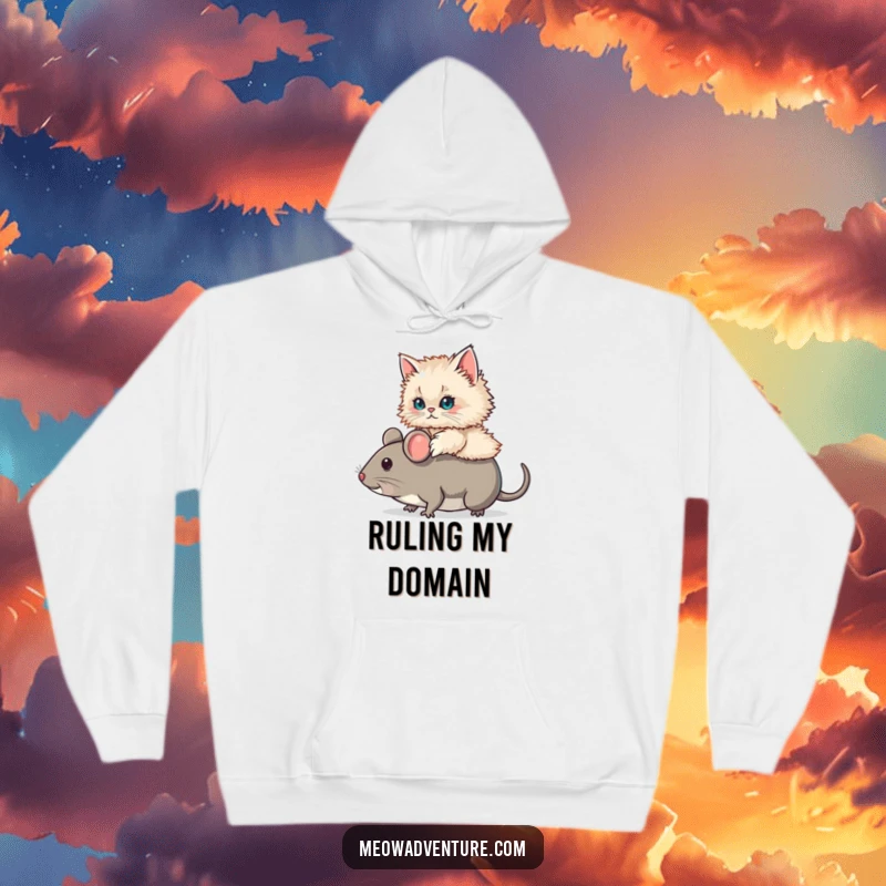 Funny Persian Cat Mouse Ride Hoodie showing a fluffy Persian cat joyfully riding a comically large toy mouse. A warm, humorous, and adorable top.