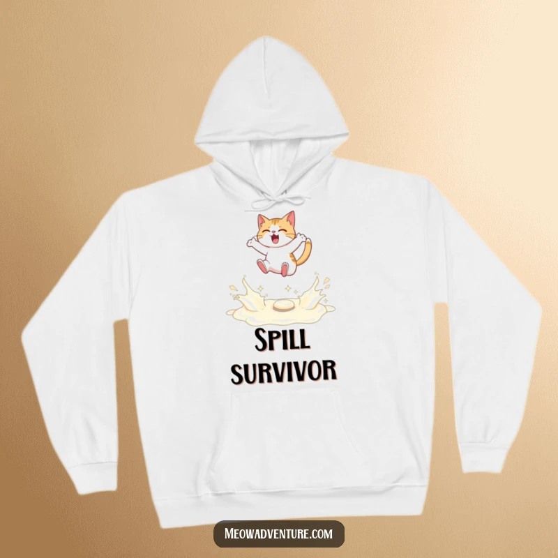 Funny hoodie featuring a determined cat leaping over a sparkling river of spilled milk, symbolizing resilience.
