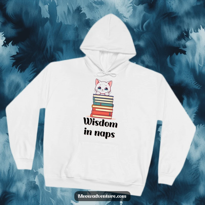 Funny Cat Books Hoodie featuring a curious white cat peeking over books, offering cozy warmth and a humorous reading vibe.