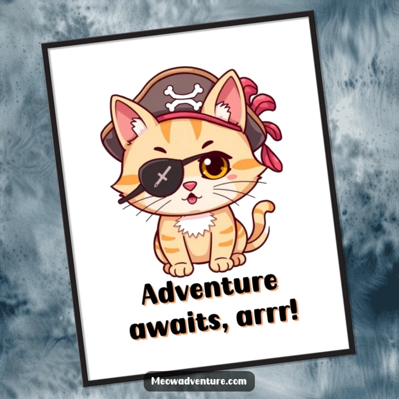 Funny Free Printable Wall Art of a mischievous cat pirate, ready to explore new horizons with a feathered hat.