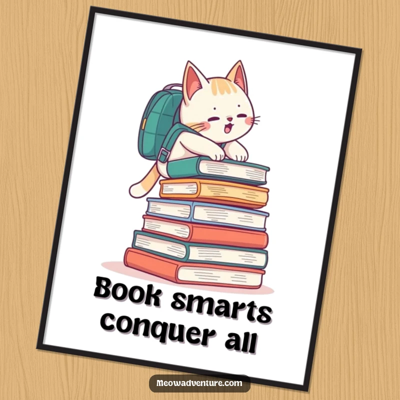 Funny Free Printable Wall Art of a playful cat with a backpack, reaching the summit of a book mountain with determination.