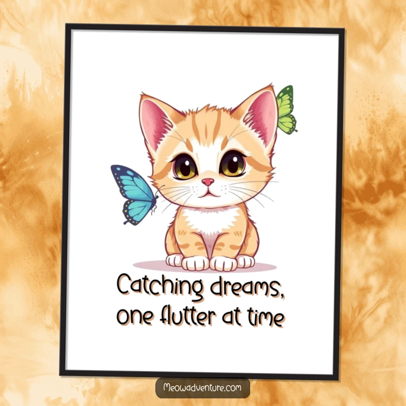 Funny Free Printable Wall Art: A kitten intently observing a small, delicate butterfly dancing in the air.