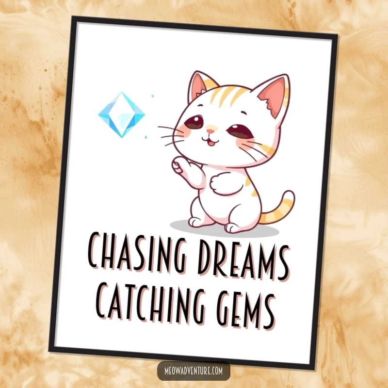 Funny Free Printable Wall Art: Playful cat reaching out to bat at a sparkling, levitating gem.