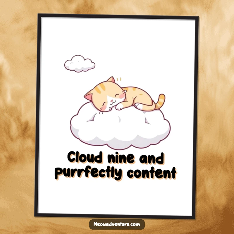 Funny Free Printable Wall Art: Sleepy cat peacefully napping on a soft cloud, cute and humorous downloadable art for relaxation, print at home.